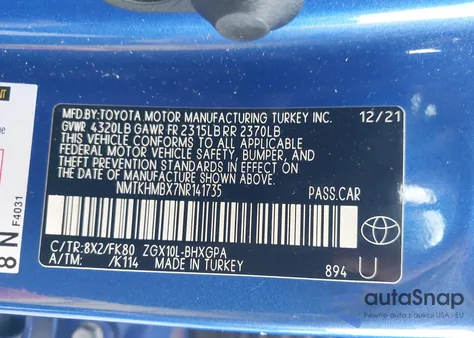 2022 Toyota C-Hr Xle из США, поврежденный, VIN NMTKHMBX7NR141735